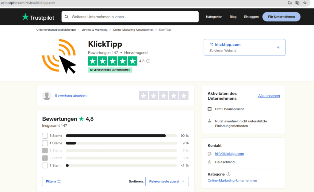 German KlickTipp Reviews Score on Trustpilot