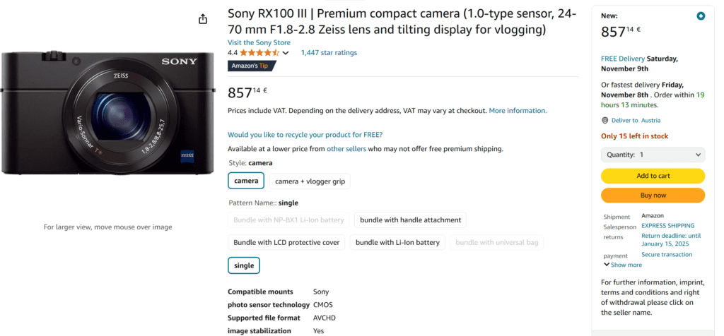 Sony RX100 III | Premium compact camera (1.0-type sensor, 24-70 mm F1.8-2.8 Zeiss lens and tilting display for vlogging)